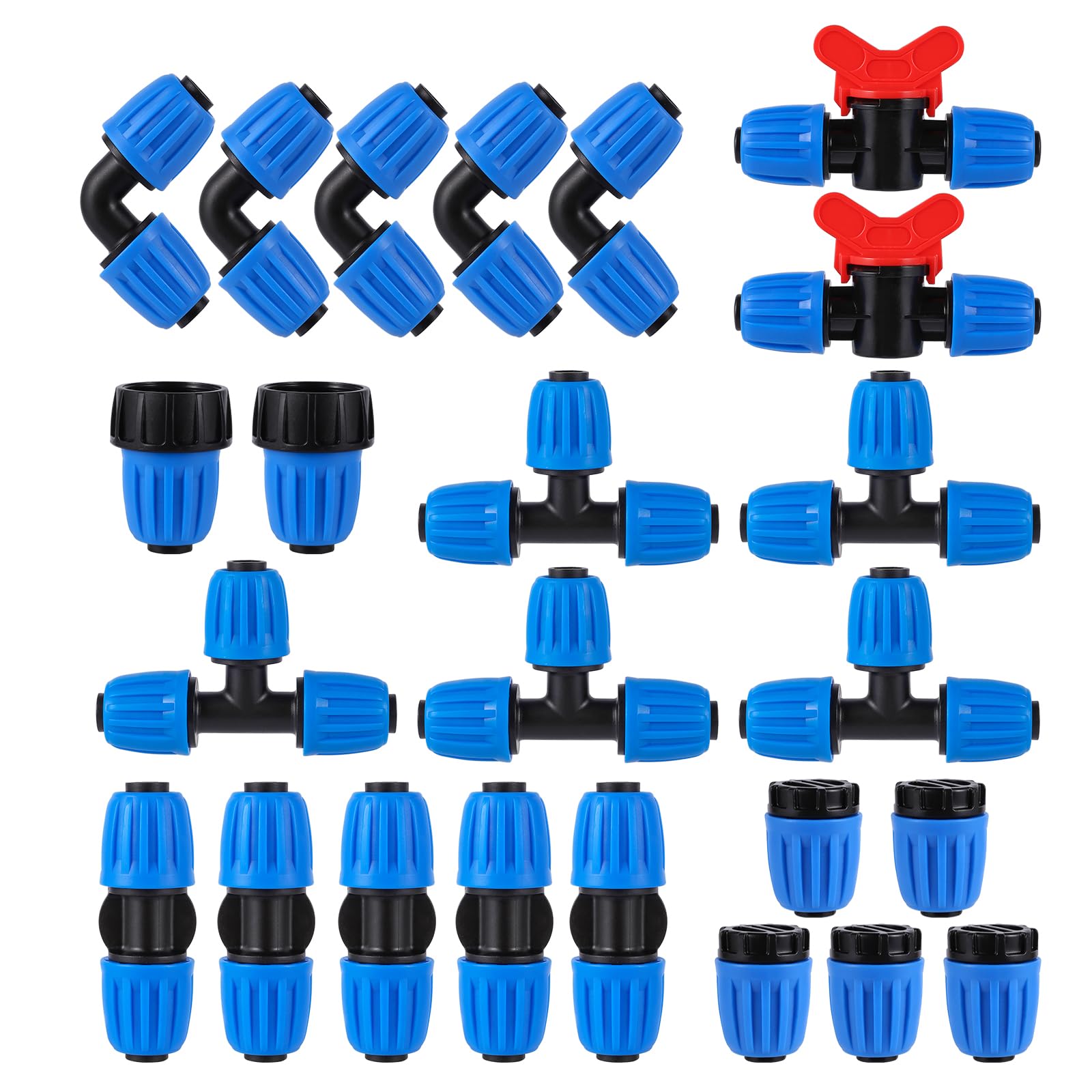 Photo 1 of 24 Pcs 1/2 Inch Drip Irrigation Fittings Kit,Drip Irrigation Hose Connector for 1/2 Inch Drip Tubing (1/2" ID x0.6-0.63" OD) with 5 Tees,5 Couplings,2 Switch Valves,5 End Cap,5 Elbows,2 Hose Adapter