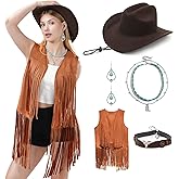 WELLATENT Western Outfits for Women，7pcs Fringe Vest Cowboy Hat Cowgirl Costume Tassels Halloween 70s Costume Set.