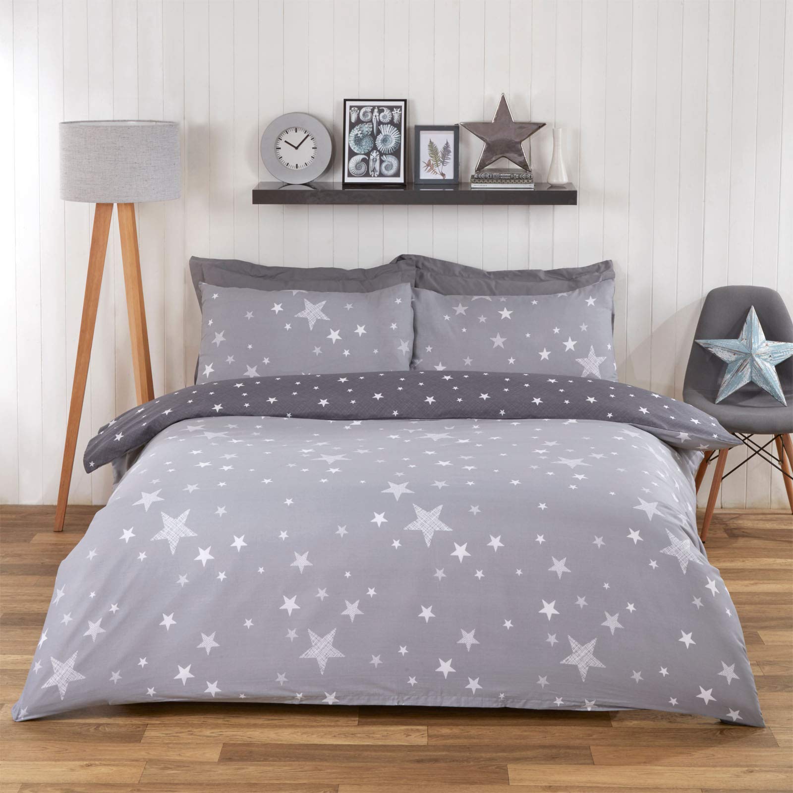 Dreamscene Galaxy Stars Duvet Cover with Pillowcase Kids Reversible Charcoal Bedding Set, Silver Grey, 3pcs, Double