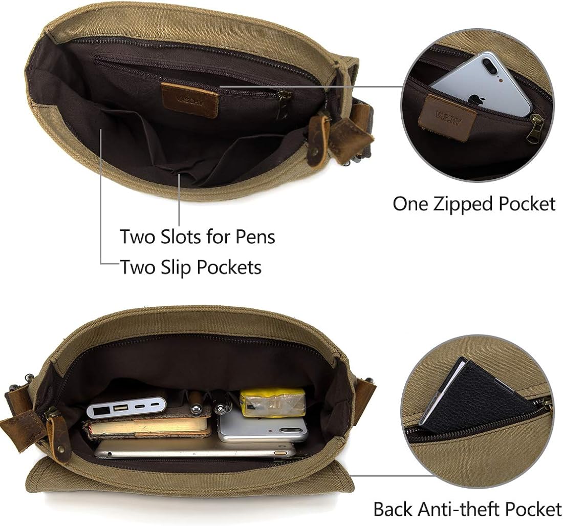 VASCHY Man Bag, Water Resistant Small Messenger Bag Shoulder Bag Vintage Canvas Leather Cross Body Bag with Multi-Pockets(Khaki) - Image 5