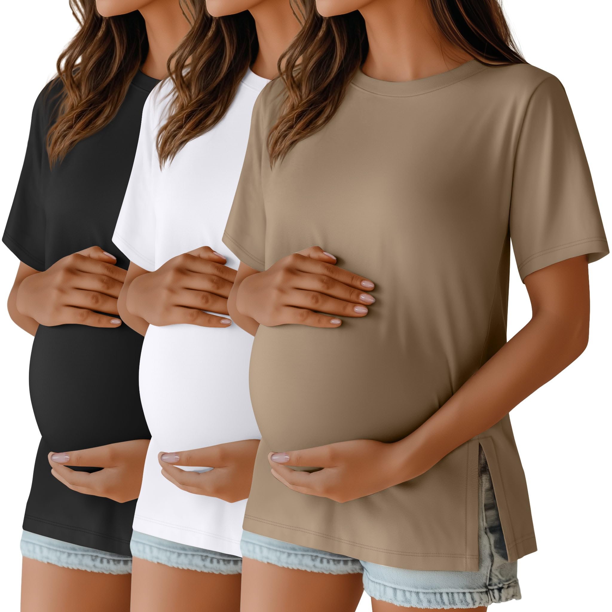 View 2 of *only black tshirt*Ficerd 3 Pack Women's Maternity T Shirts, Short Sleeve Side Split Pregnancy Tops Casual Crew Neck Pregnant Tees Mama Clothes(Black, White, Khaki,Small)