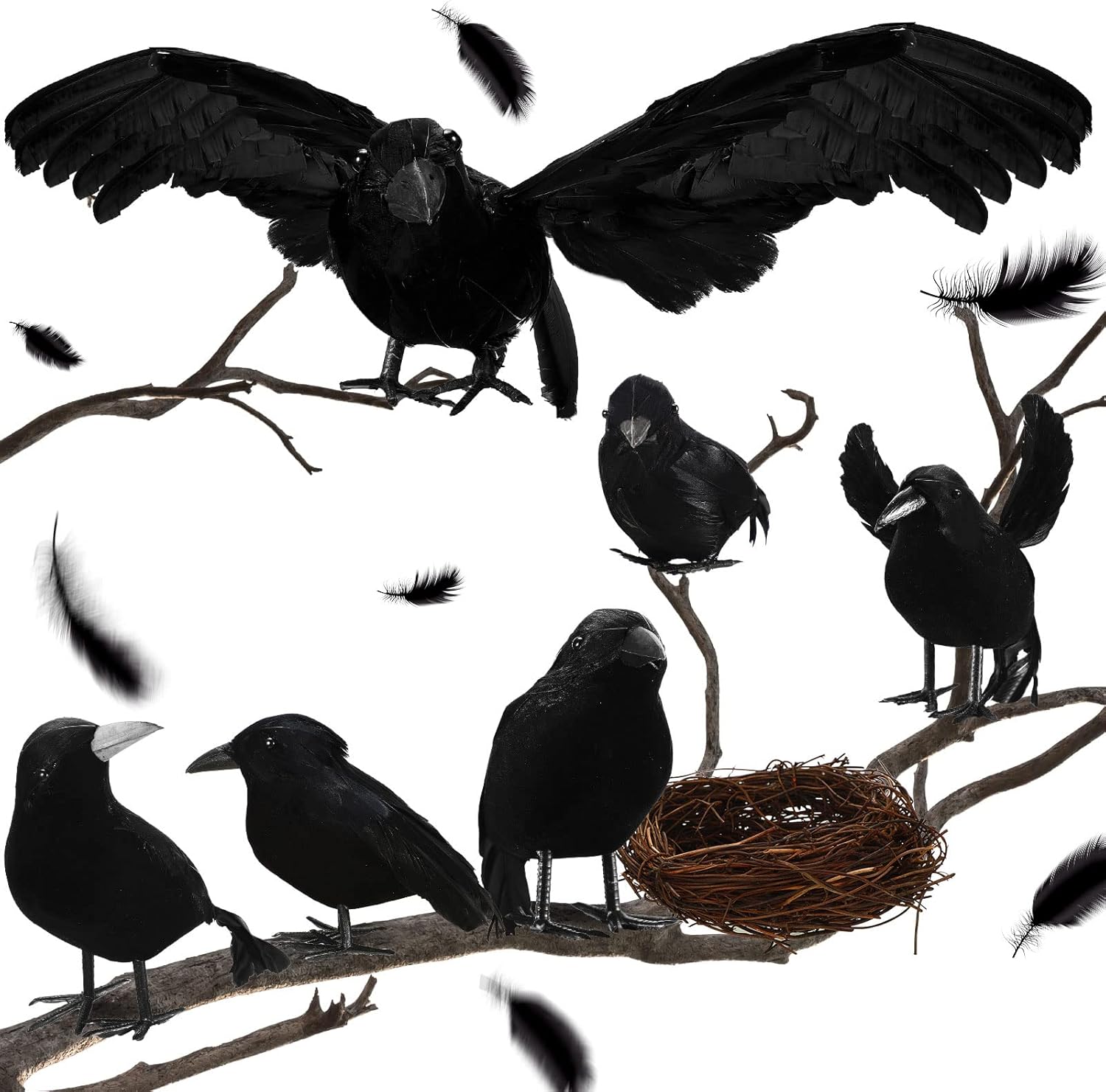 Holiday Décor Storage - 6 Packs Halloween Realistic Black Feathered Crow 14.9 Inch Halloween Artificial Crow and 2.3-4.7 Inch Handmade Lifelike Black Feathered Crow with Craft Bird Nest for Halloween Decoration Supplies