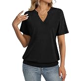 TICTICMISS Womens Tops Short Sleeve Banded Bottom Summer V Neck T Shirts | Loose Fit, Dressy Casual Tees, Summer Fall Clothin