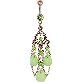 Forbidden Body Jewelry Surgical Steel Vintage Chandelier Dangle Belly Button Ring with Jade Colored Tear Drop Beads