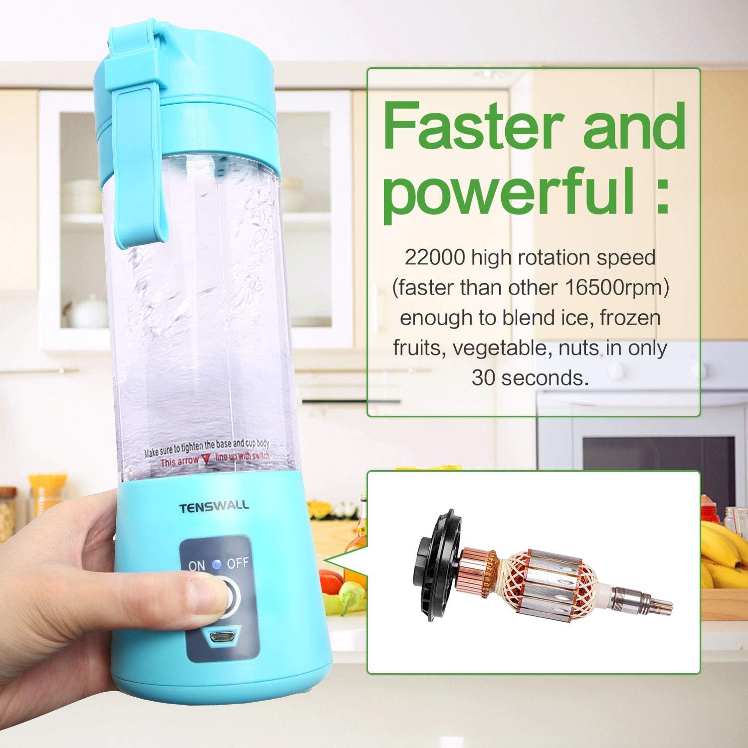 Portable Blender, Personal Size Blender USB Rechargeable with 6 Blades for Shakes and Smoothies, Mini Blender with 13oz Jucie Cup for Sports, Travel, Gym, home and office Blue: Kitchen & Dining
