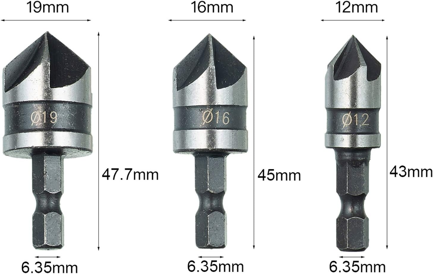 HPMAISON 3pcs 1/4 Inch Hex Shank Woodworking Chamfering Countersink Drill Bit Set 5 Flute 90 Degree Center Countersink Bits 12mm 16mm 19mm for Wood Plastic Aluminium Chamfering - Image 3