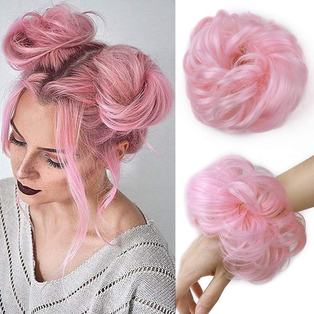 Messy Hair Bun Hair-Scrunchies Extension Curly Wavy Thick Synthetic Chignon for women Updo Hairpiece Ponytail HairAccessories Light Pink