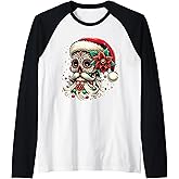 Santa Sugar Skull Calavera Funny Mexican Christmas Raglan Baseball Tee
