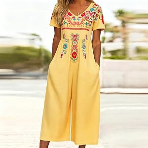 Women's Ethnic Print Jumpsuit Spring/Summer Short-Sleeved, Pocket Design Versatile For Everyday Wear And Vacations.