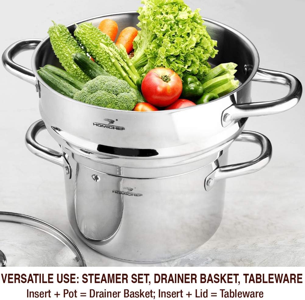 HOMI CHEF 5QT LARGE 4.5" DEEP 3-RIDGE Universal Steamer Cookware (Nickel Free Stainless Steel, 3 Ridges for 8"/ 9"/ 9.5" Pot) - Steamer Inserts for Pots - Kitchen Steamer Basket Steamer Pot: Kitchen & Dining