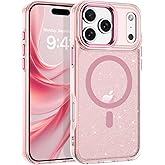 BENTOBEN Magnetic for iPhone 17 Pro Max Case,Clear Sparkly Glitter Phone Case [Compatible with MagSafe] Shockproof Cute Anti-Slip Anti-Yellow Women Girl Protective Cover for iPhone 17 Pro Max,Pink