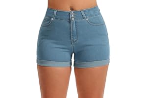 Pnadty Women's Summer High Waisted Stretch Denim Shorts Casual Folded Hem Jean Shorts