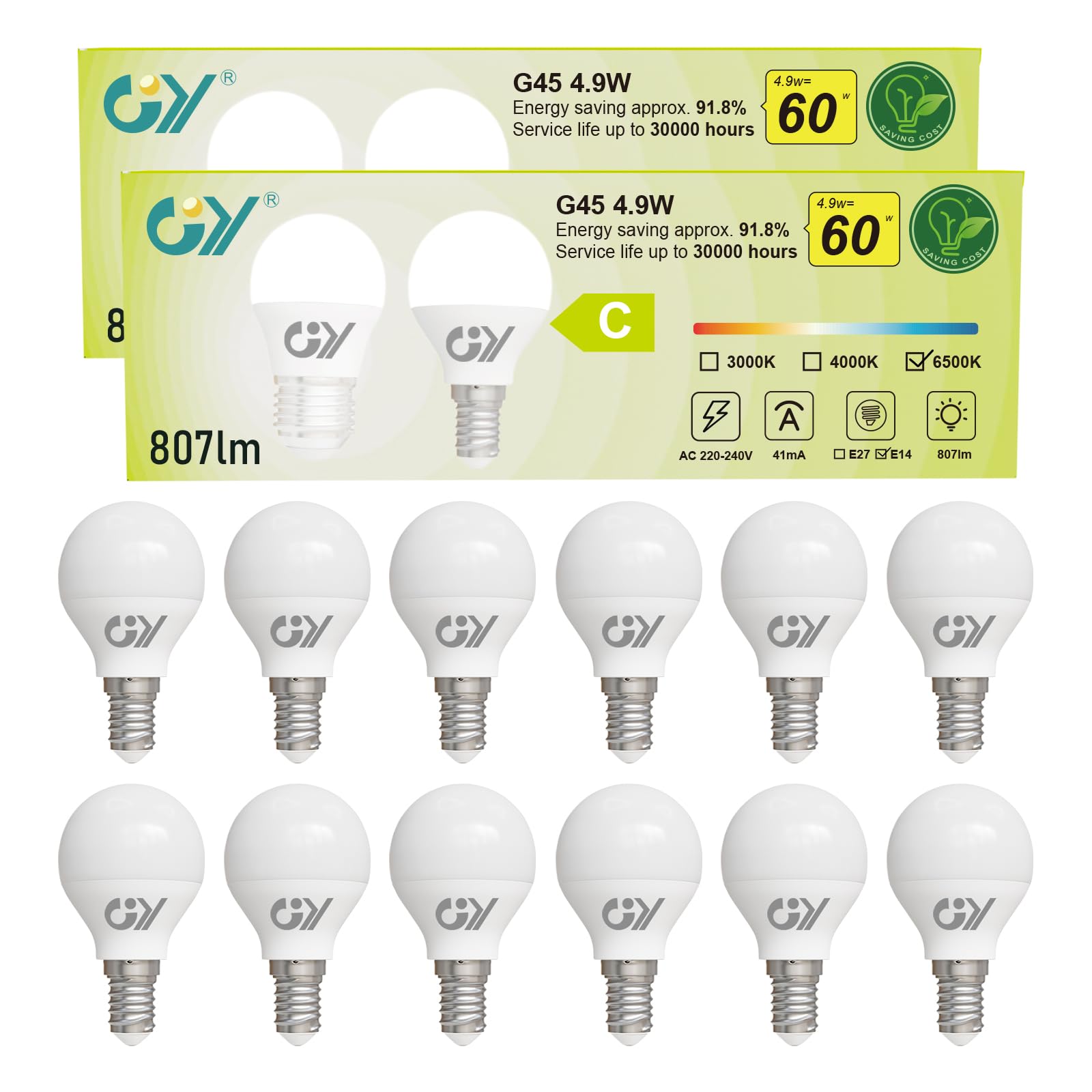 GY E14 LED Bulbs Cool White G45 Energy Efficient, 4.9W 6500K 807 Lumen Energy Saving Replaces 60W, 280° Non-dimmable, 12 Pack