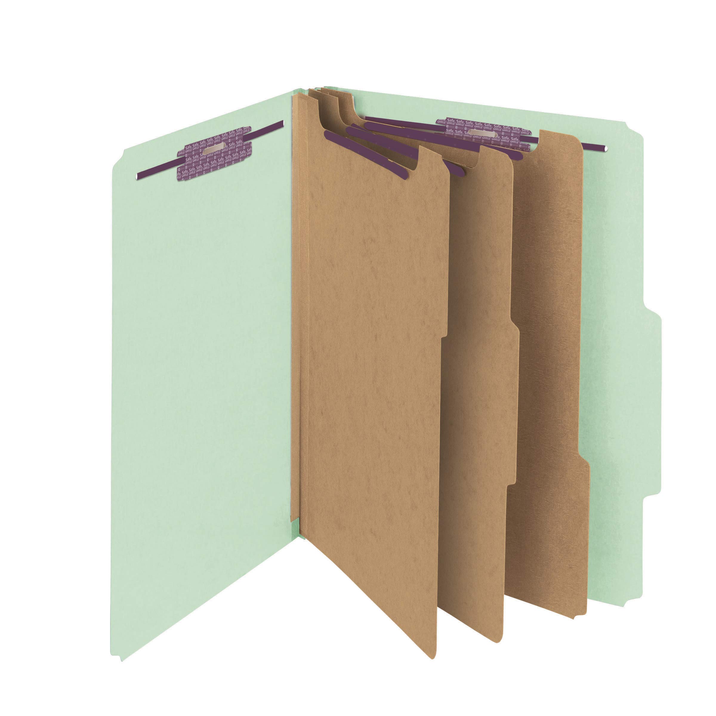 Smead Pressboard Classification File Folder with SafeSHIELD Fasteners, 3 Dividers, 3" Expansion, Letter Size, Gray/Green, 10 per Box (14091)