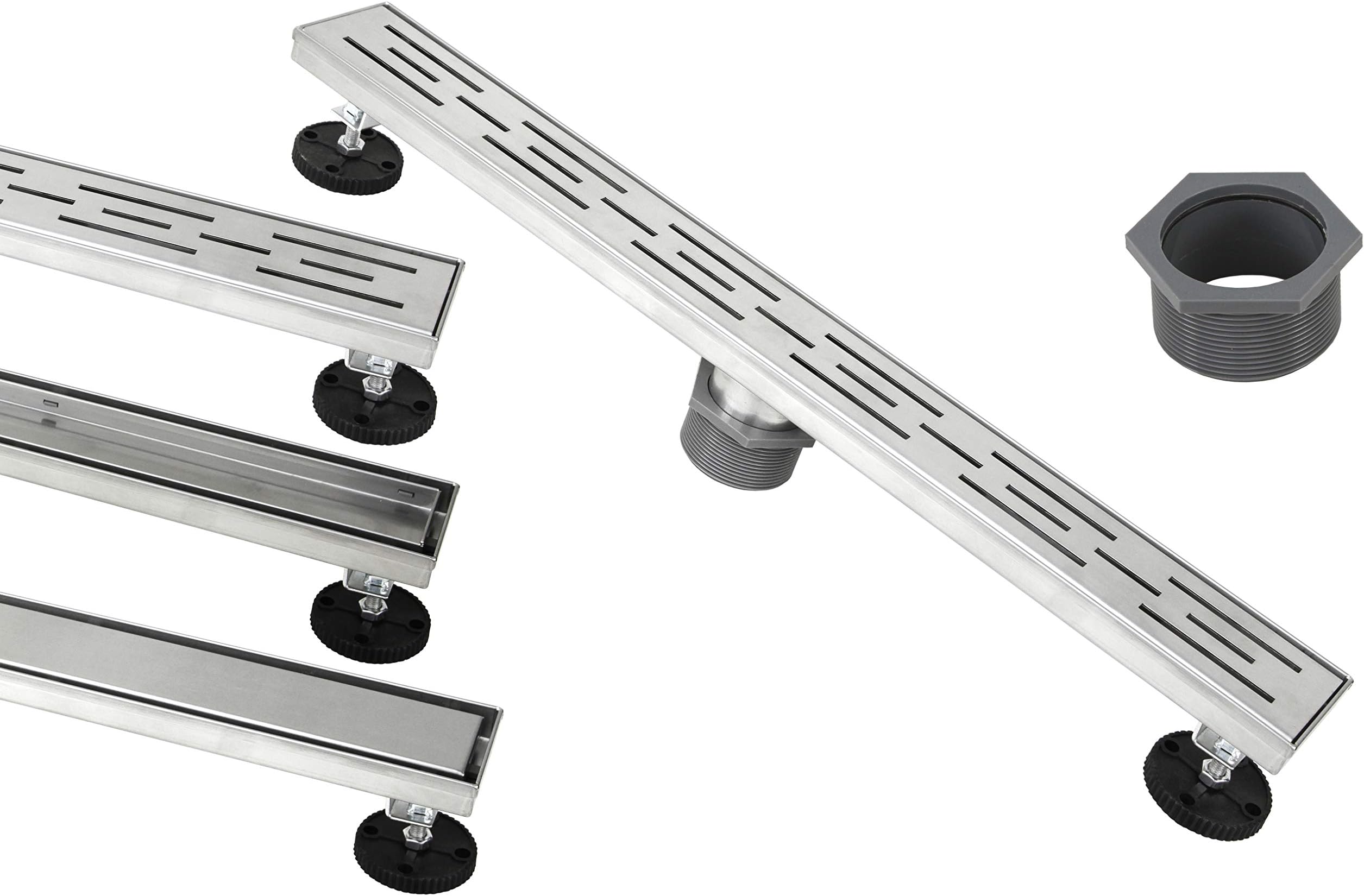 Shower Linear Drain 60 Inch – Stripe Pattern Grate – Brushed 304 Stainless Steel – Bonus 2 IN 1 Reversible Tile Insert & Flat Grate and Threaded Adaptor – Adjustable Leveling Feet (60 Inch)