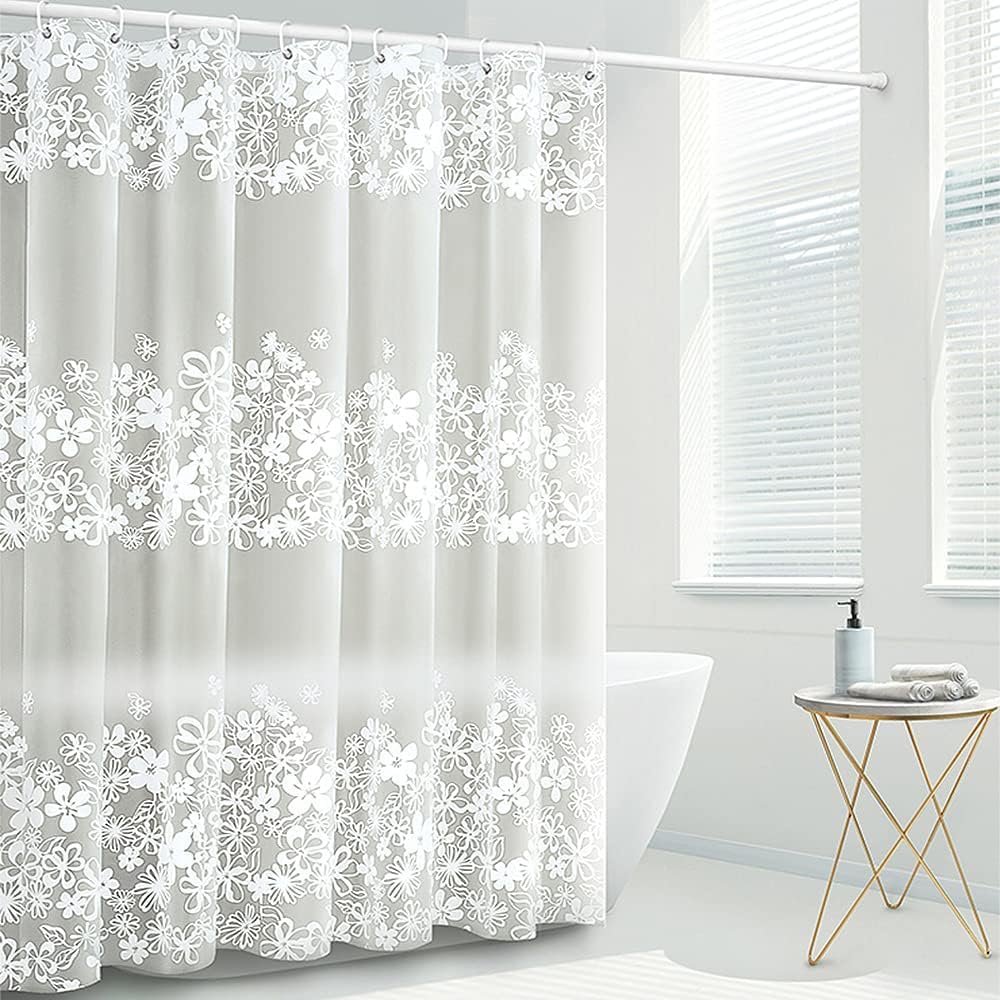 Startseite Long Shower Curtain - Flower Semi-Semi-Transarent Thin Shower Curtain Liner, PEVA Waterproof Bathroom Curtains Shower with 12 Hooks, 180 x 200 cm