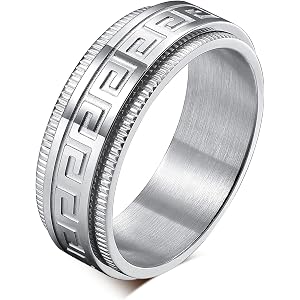 MMTTAO Men's Spinner Anxiety Ring Black/Silver/Blue 8MM Titanium Anxiety Relief Fidget Ring Greek Key Center Spinner Wedding