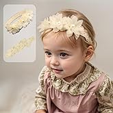 Rannyrena Baby Girls Lace Headband Handmade Flower Hair Band Infants Head Wrap Soft Elastic Pearl Floral Hairband for Newborn Toddler Kids Hair Accessories (Off white A, Adjustable)