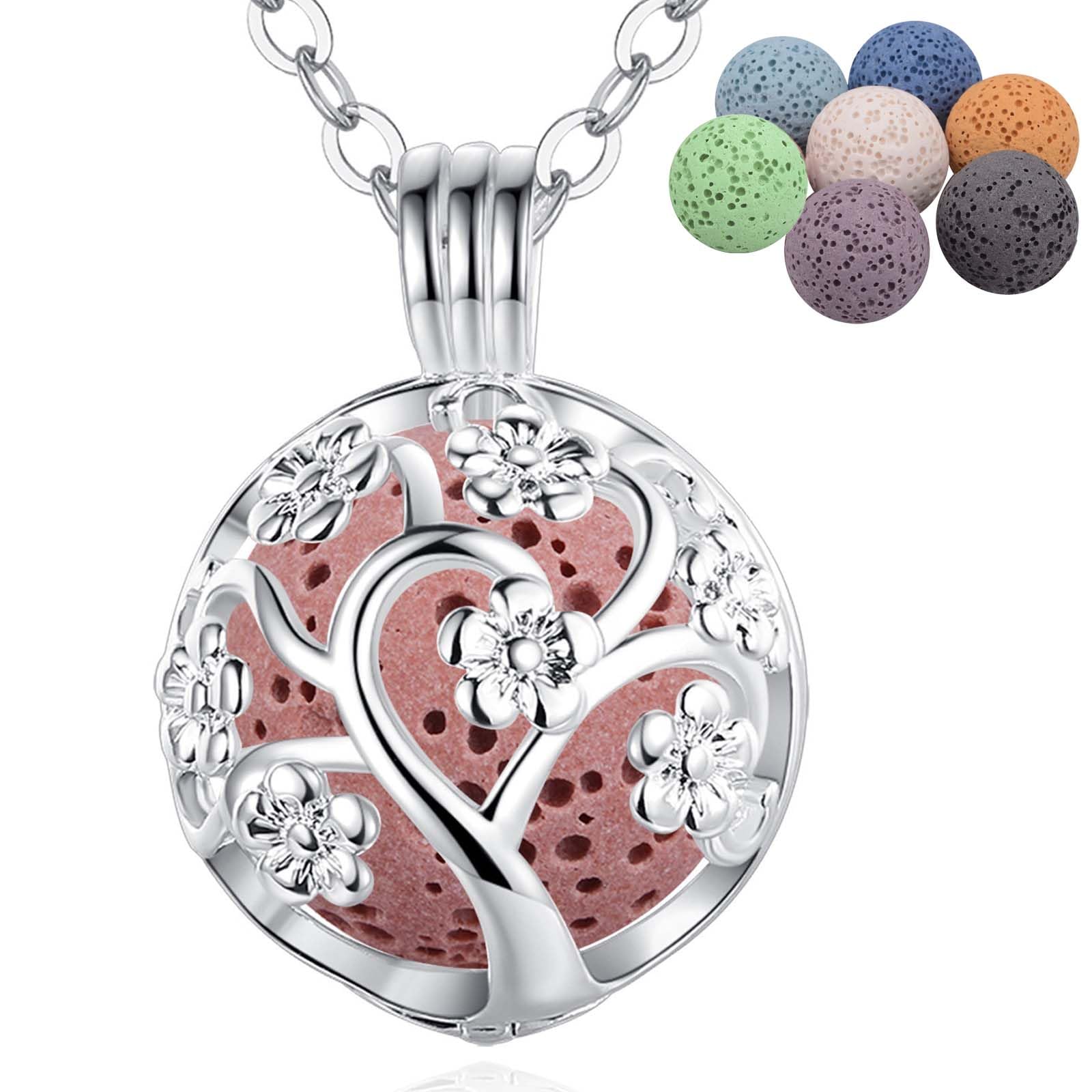 INFUSEU Aromatherapy Essential Oil Diffuser Women Necklace, Silver Plated Dreamcatcher Pendant with 6 PCS Lava Stones & Chain 24 inch, Gift for Her — image 1