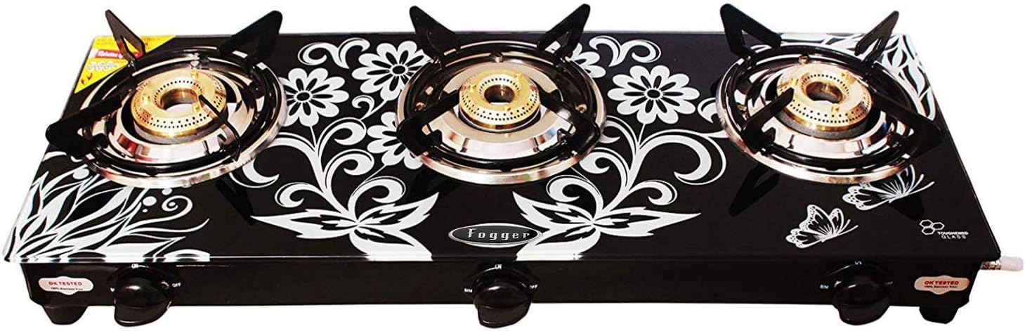 Fogger Glass Top 3 Burner Gas Stove, Manual Ignition, White