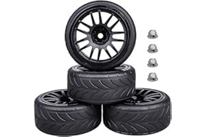 FriHobby Preglued 1/10 RC Touring Wheels Tires Set 12mm Hex with Foam Inserts Compatible with Tamiya TT02 TT01 Traxxas 4tec 2.0 3.0 RC On Road Car