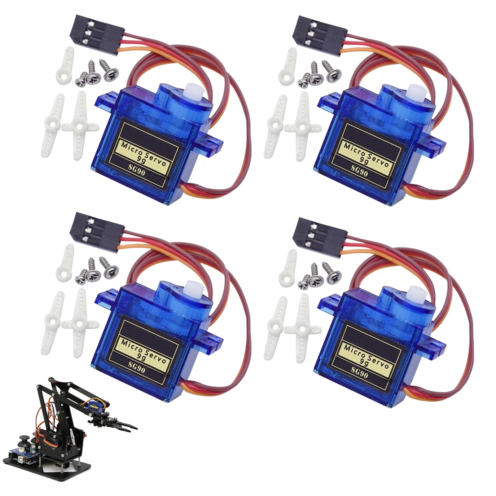 4 Pcs SG90 Micro Servo Motor, Micro RC Servo Motor, Metal Geared MotorKit for ALL kind RC Toys, Compatible with Arduino Projects and Raspberry Pi, Drone/Car/Airplane/Helicopter/Vehicles/Robots