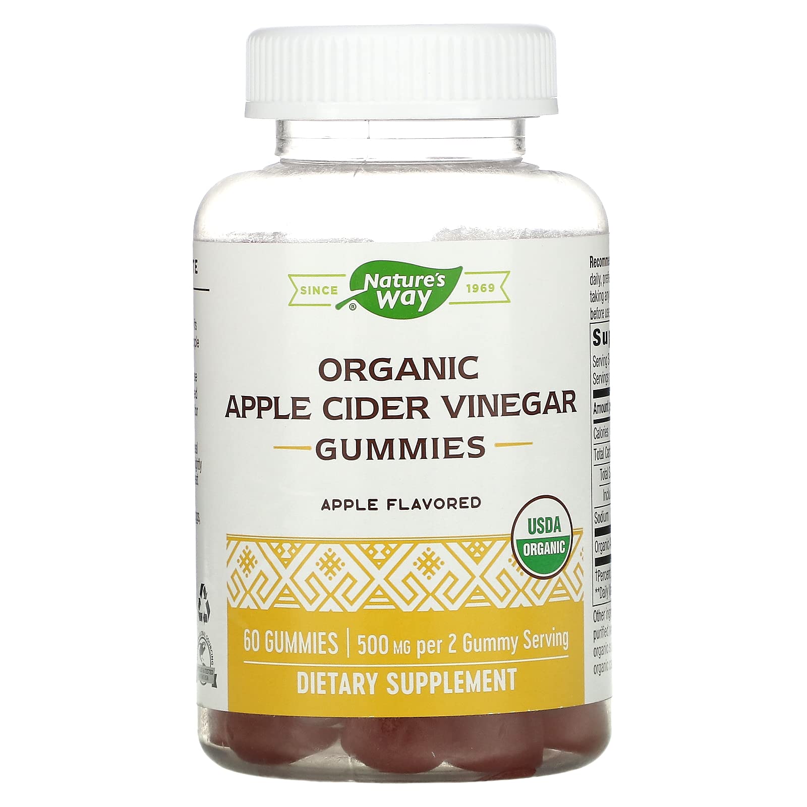 Nature’s Way Organic Apple Cider Vinegar Gummies, 500 mg Organic Apple Cider Vinegar per 2-Gummy Serving, Apple Flavored, 60 Gummies (Packaging May Vary)