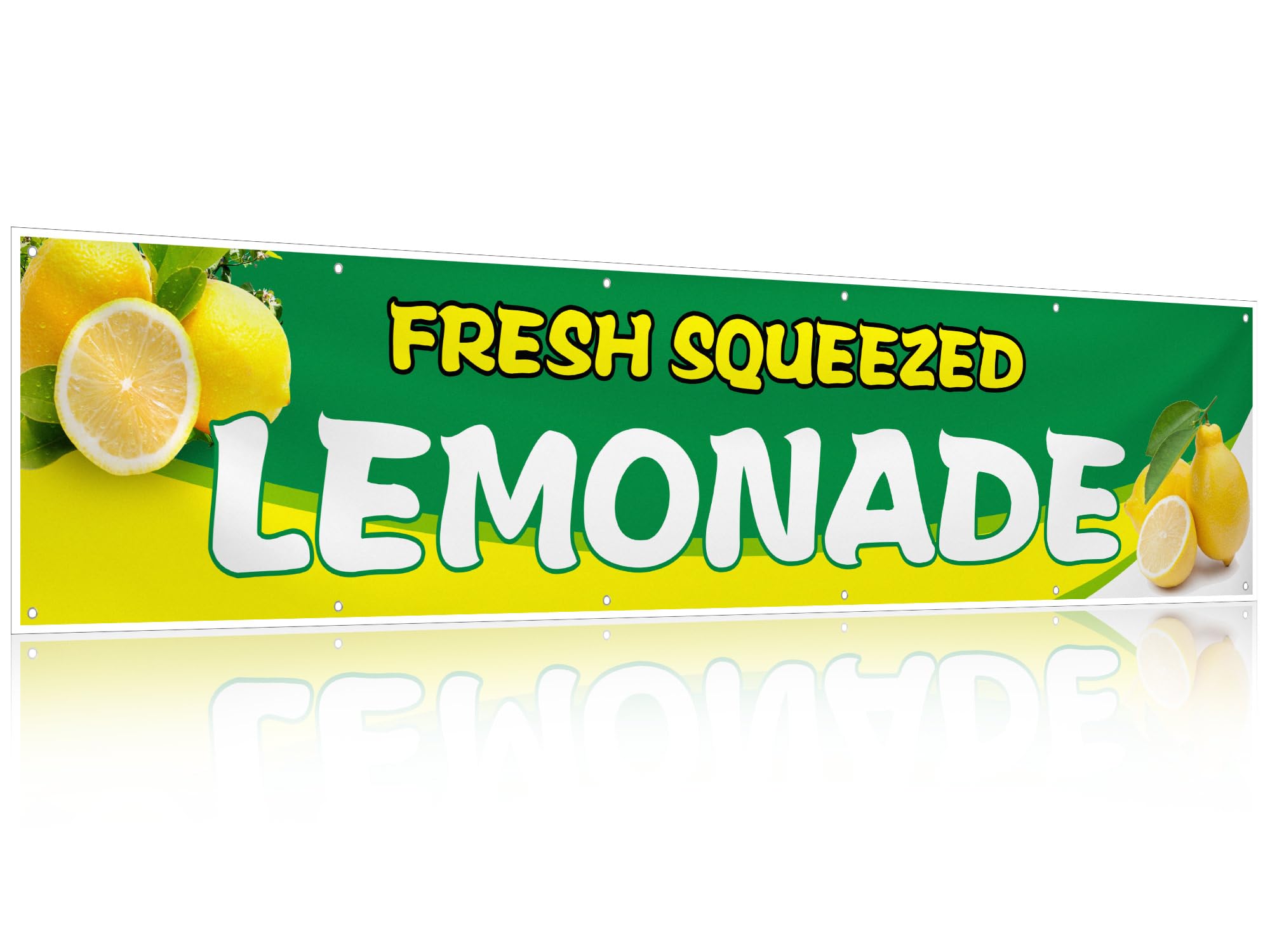 Photo 1 of HunnmingRe 2 x 10 ft Lemonade Sign Vinyl Banner Fresh Squeezed Lemonade Stand Supplies Lemon Flag for Indoor Outdoor Business Restaurant Advertising Banner