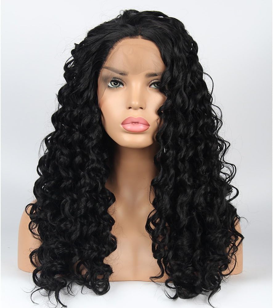 vvBing Hair Lace Front Long Curly Wig Syntheticn Heat Resistant 250 density Natural Hairline Deep Curly Lace Front Wigs Glueless with Baby Hair Natural Black 24 inch Lace Wigs
