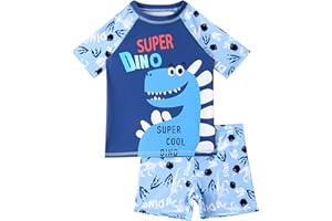AIWUHE Toddler Boys' Rash Guard Swimsuit Two Piece Short Sleeve Bathing Suit and Swim Trunk Set Dinosaur Swimwear with Hat