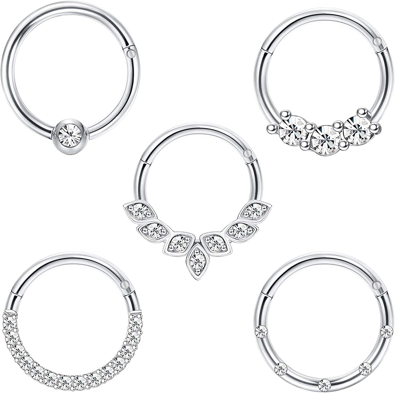 Adramata Daith Earrings 16G Stainless Steel Cartilage Helix Tragus Nose Hoop Piercing Jewelry 8MM 10mm Silver Gold Rose Gold Black Plated CZ Hinged Septum Clicker Rings