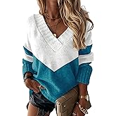 Pullover Sweaters for Women 2026 Trendy Spring V Neck Long Sleeve Color Block Lightweight Casual Knit Tops
