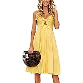 ECOWISH Women 2026 Summer Dresses Tie Front V-Neck Spaghetti Strap Button Down A-Line Backless Swing Midi Dress