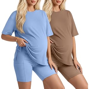 Huukeay 2 Pack Women Maternity Set Pregnancy Outfits | Pajama, 2 Piece Outfits, Casula, Summer, Side Slit, Short Sleeve, Loun