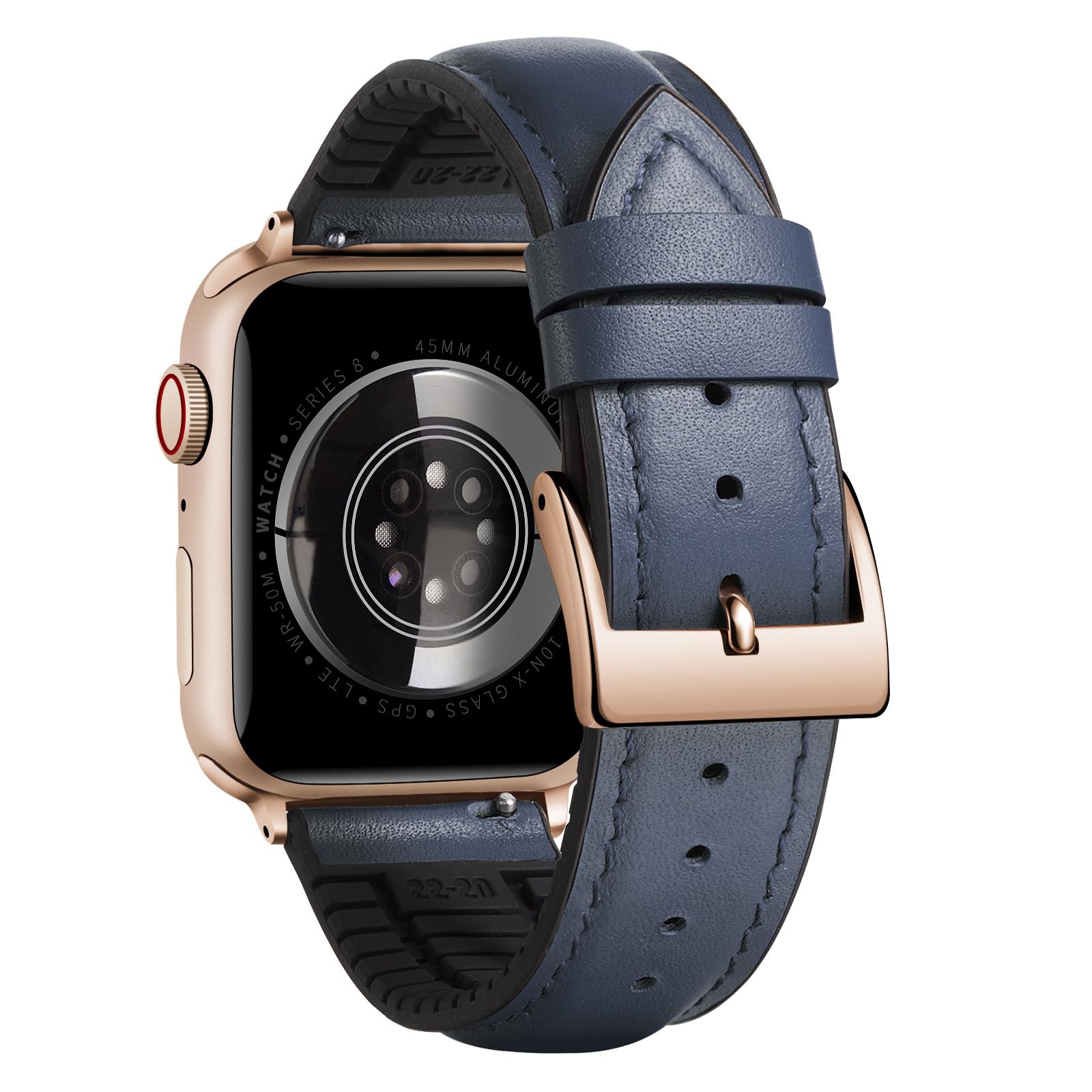 BINLUN Compatible with Apple Watch Bands Leather Soft Silicone Inner Hybrid Sweatproof 42mm 44mm 45mm 46mm 49mm Watch Strap for iWatch Ultra SE Series11/10/9/8/7/6/5/4/3/2/1(RoseGold Buckle,Deep Blue)