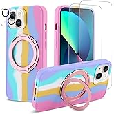 DUEEFA for iPhone 13 Case/iPhone 14 Case 6.1'',360° Rotating Magnetic Metals Ring Stand,with [2X Screen Protector+2X Lens Protectors] Shockproof Silicone Phone Case Compatible with MagSafe (Rainbow)