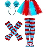 Women Costume Accessories Set Pom Pom Headband Red Blue Tutu Skirt Tutu Skirt Accessories Striped Socks Gloves for Halloween Party Supplies(Red and Blue)