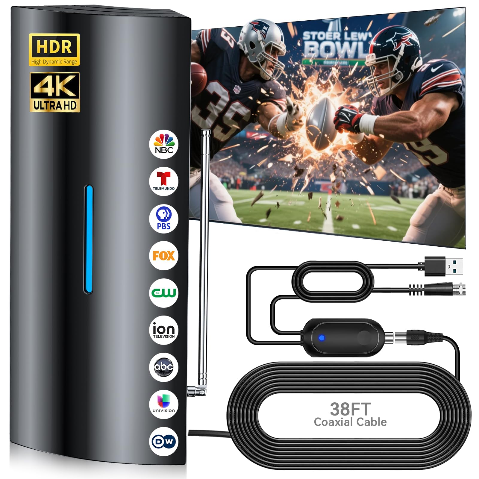 Photo 1 of 2800+ Miles Strongest TV Antenna, 2025 Digital Antenna for Smart TV Indoor with Amplifier, 360° Long Range Reception Local Channels HD Attena for Smart/Old TVs -Supports 8K, 4K, 1080P, 38FT Coax Cable