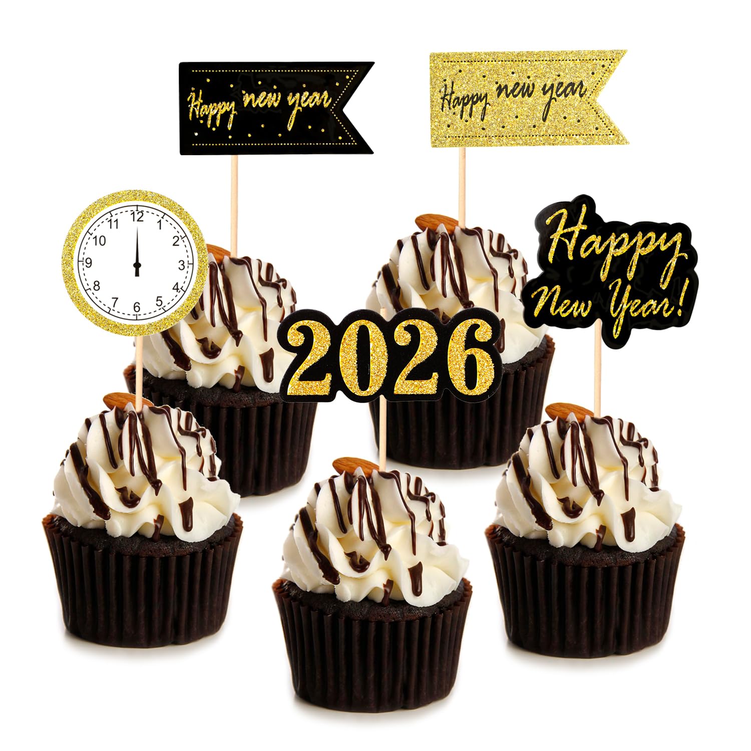HOWAF 30 Pieces 2026 Happy New Year Cupcake Toppers Picks Muffin Cake Toppers Decorations Happy New Year Table Decorations New Years Eve Decoration 2026