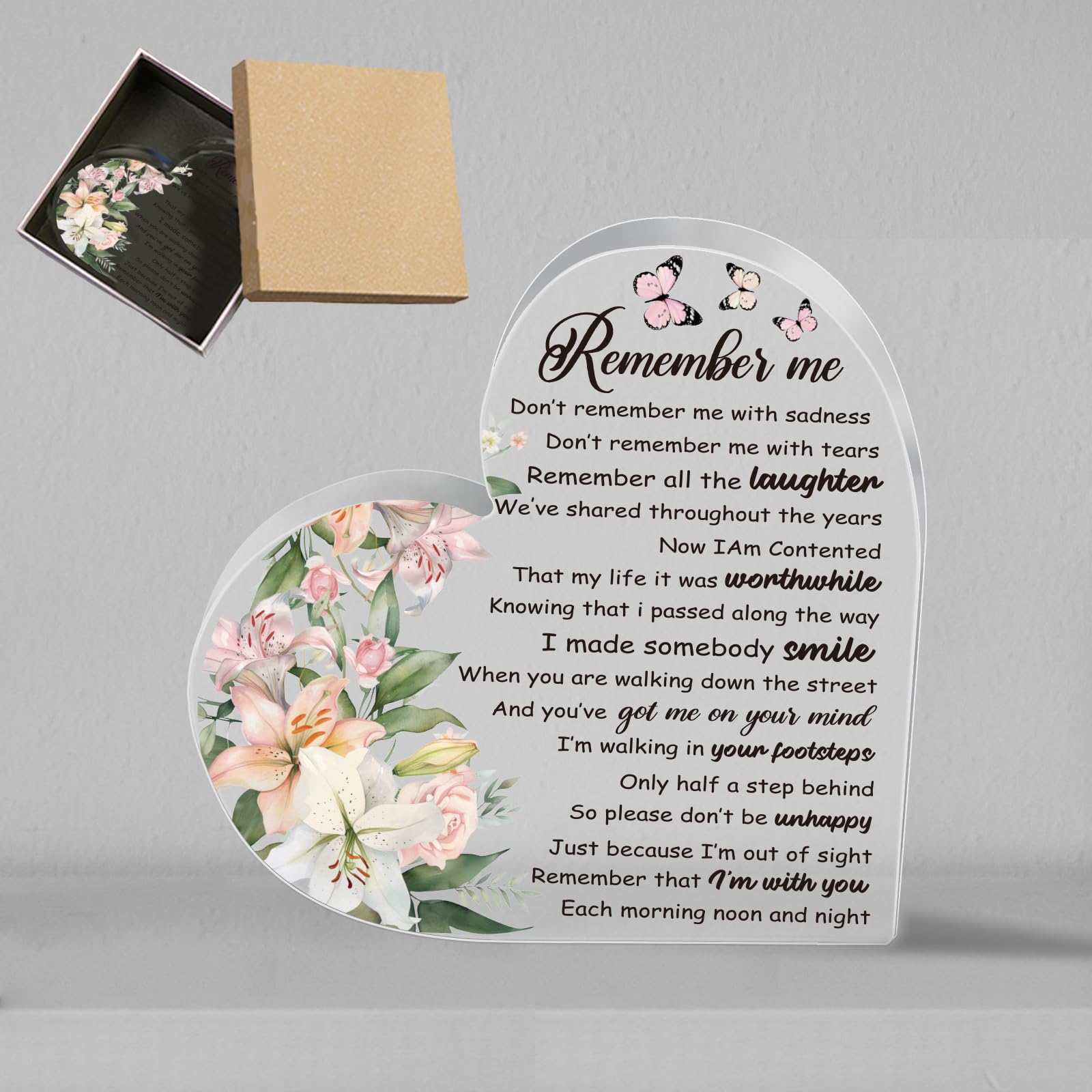 WEBEEDY Sympathy Gifts Memorial Gifts Acrylic Heart Bereavement Gift Condolence Sympathy Gifts for Loss of Loved One in Heaven, Valentine's Day Memory Gifts with Remembrance Quote Table Decor