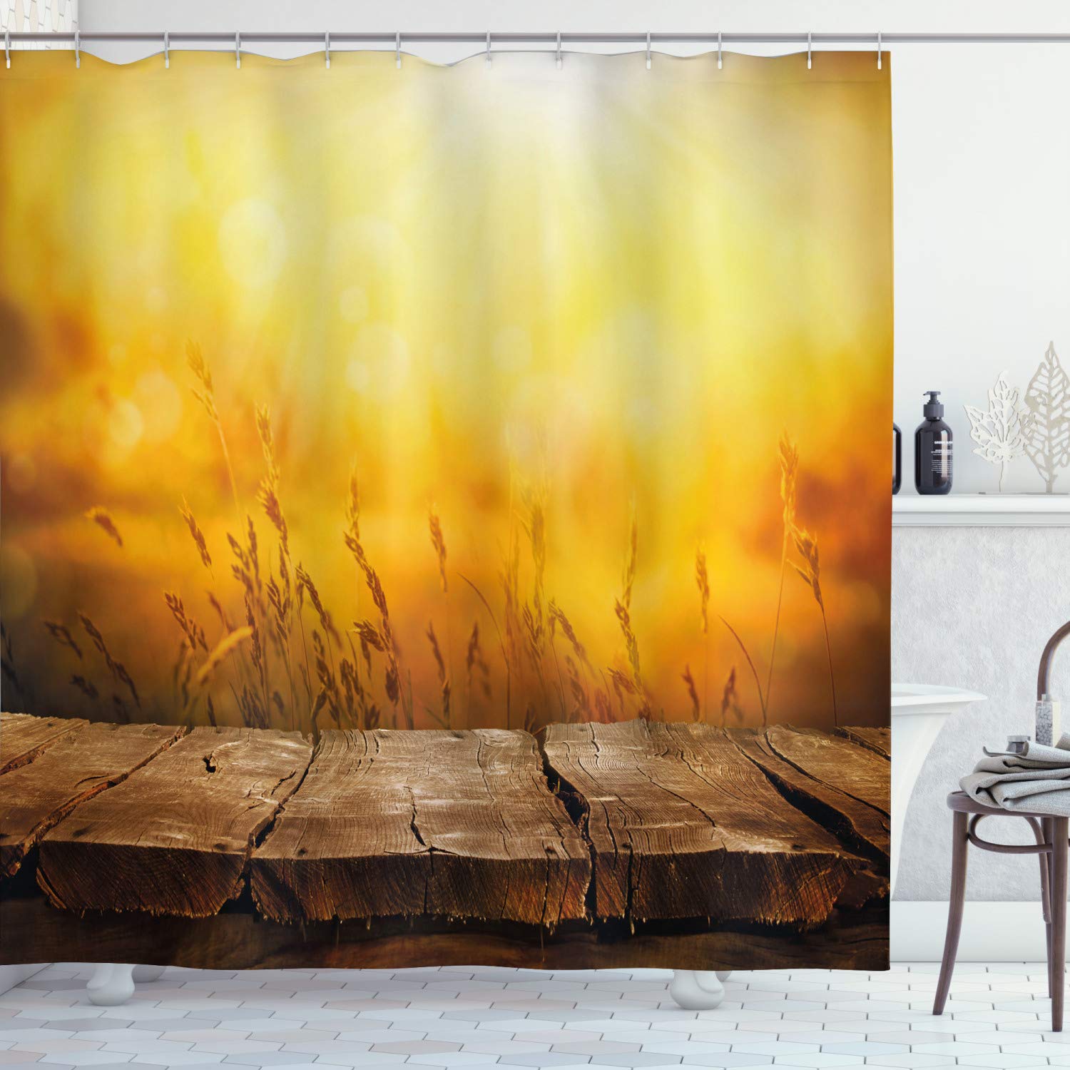ABAKUHAUS Fall Shower Curtain, Empty Wooden Tabletop Layout Setting Sun Afternoon Wheat Agriculture Print, Cloth Fabric Bathroom Decor Set with Hooks, 94 Inches, Brown Orange Yellow
