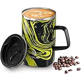 Ideus Vacuum Insulated Coffee Mug, 16oz Reusable Stainless Steel Thermal Double Walled cup with Handle and Slider Lid for Hot & Cold Beverages, BPA Free (Yellow Zebra)