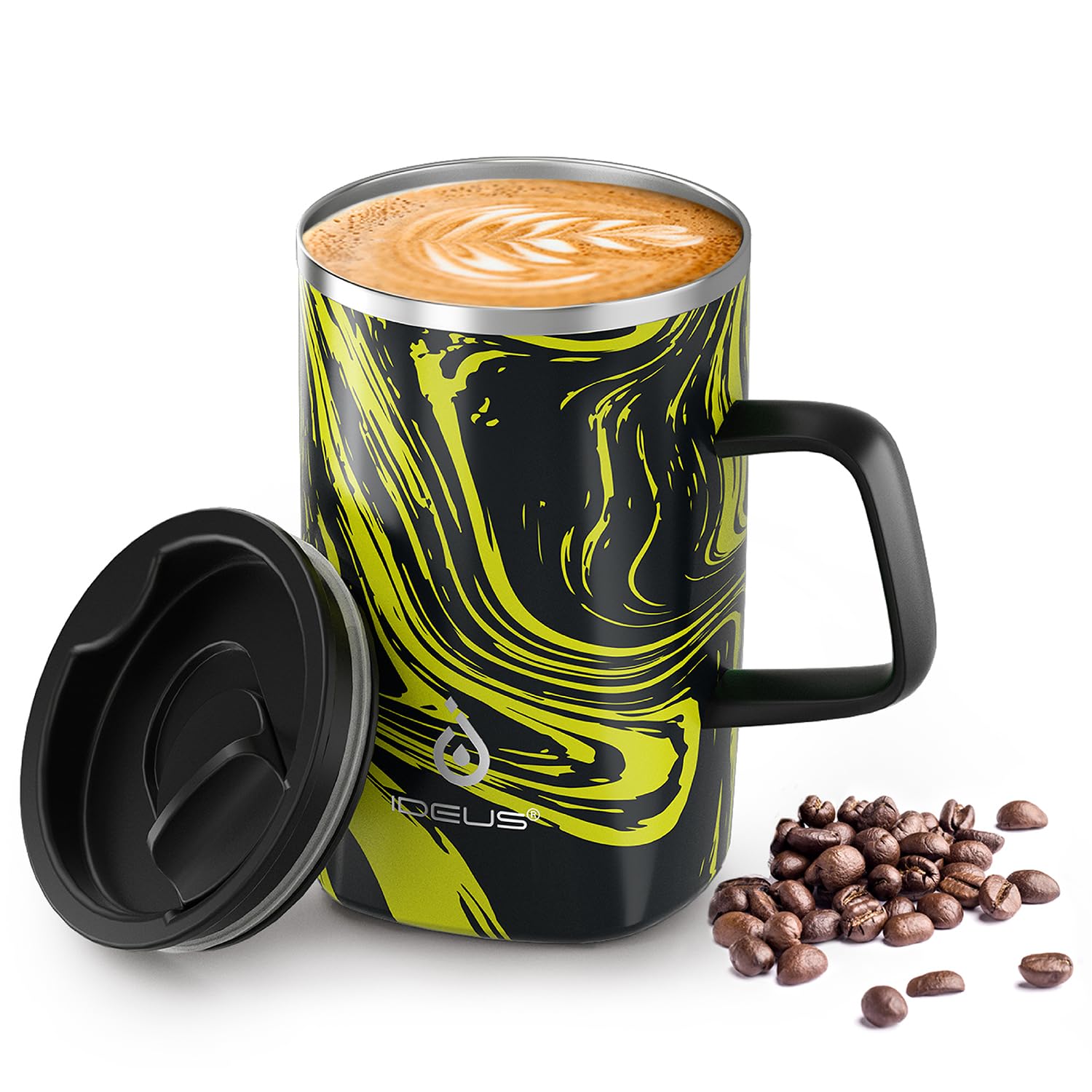Ideus Vacuum Insulated Coffee Mug, 16oz Reusable Stainless Steel Thermal Double Walled Cup with Handle and Slider Lid for Hot & Cold Beverages, BPA Free (Yellow Zebra-Fuji SNOWGLOW)