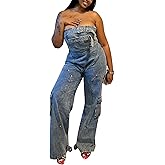 Tbahhir Denim Jumpsuit for Women Casual Off Shoulder Sleeveless Romper Wide Leg Overalls Tube Cargo Jean Pants