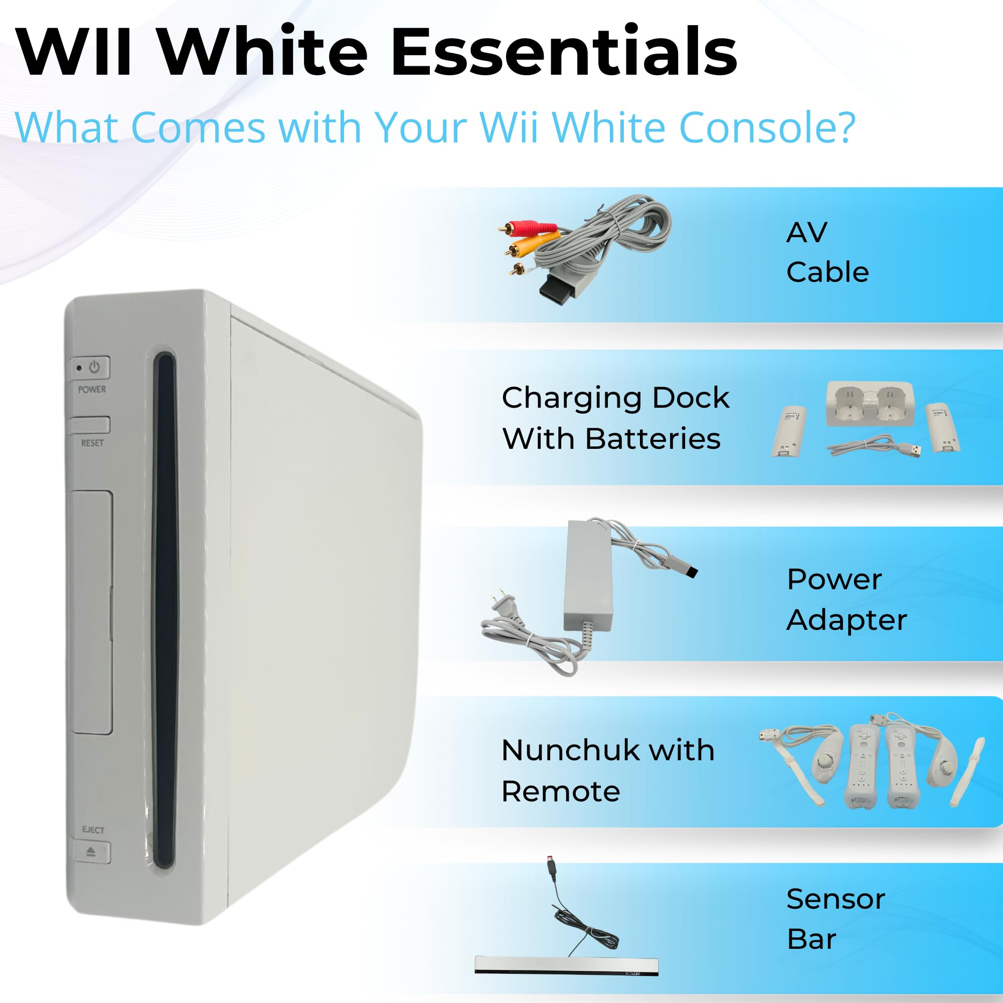 Nintendo White Premium Wii Console with 2 Remotes, 2 Nunchucks, Dual Dock Stand, Sensor Bar, AV Cable