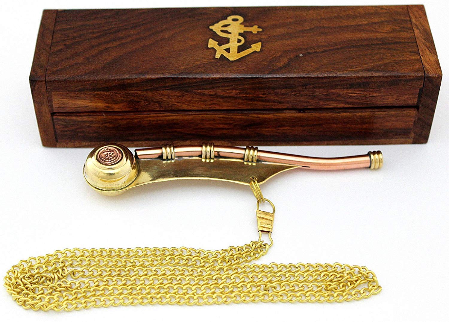 Bosun's pipe - Boatswain's Whistle Copper & Brass with chain and wooden Box Nautical Style Necklace - Groomsmen Gift.