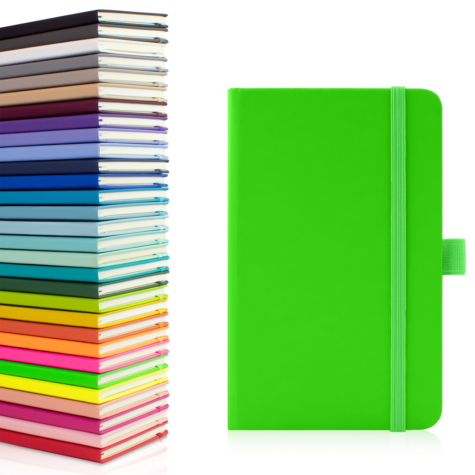 Notes London Eco A6 Notebook with Lined Pages, Pen Loop, Ribbon, Date Marks and Paper Pocket, Medium Hardback Journal, Note, fluorescent, sustainably sourced paper (Neon Green)