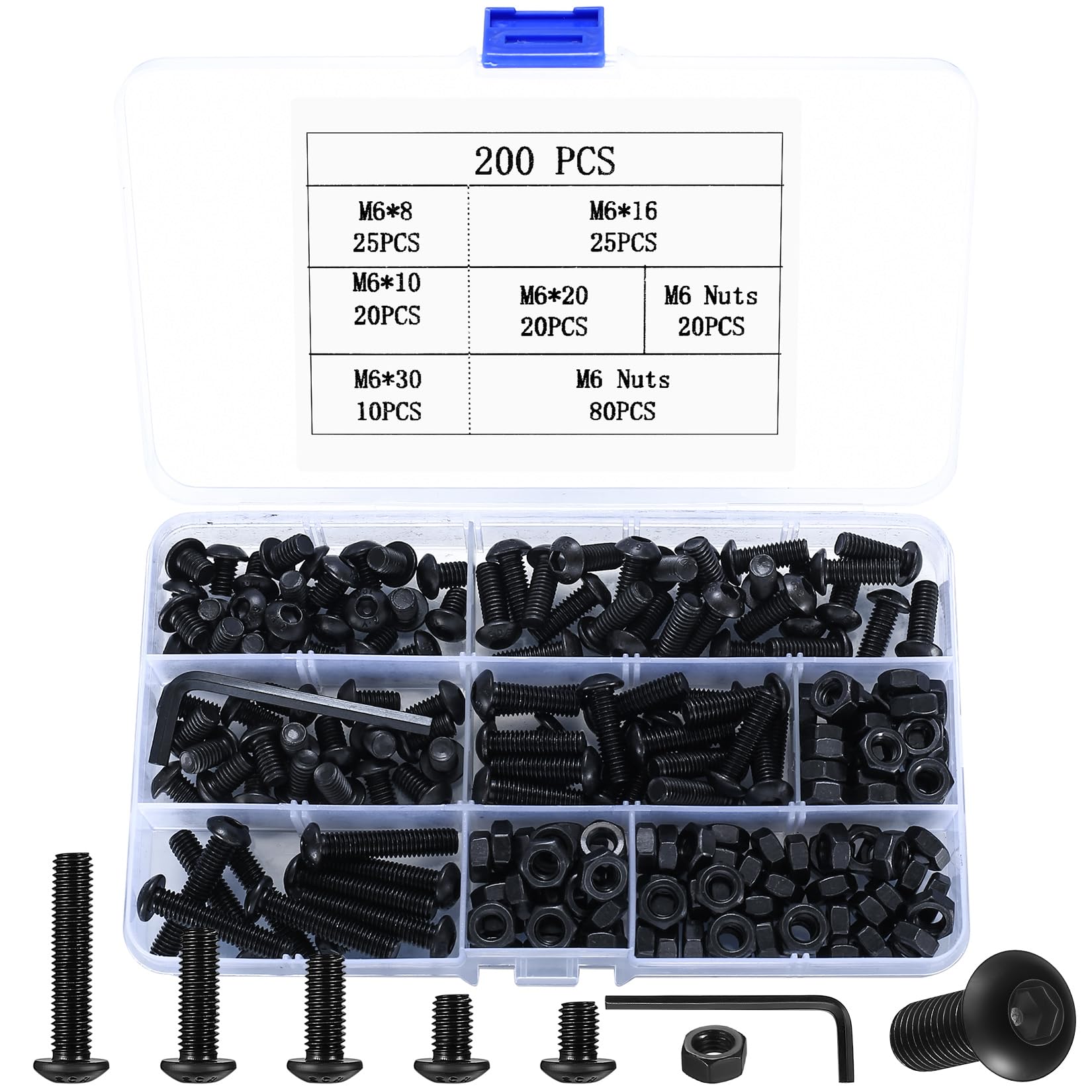 200 Pcs Alloy Steel M6 Bolts Set, Hex Socket Button & Round Head Cap Screws, Nuts, Pan Head Bolts