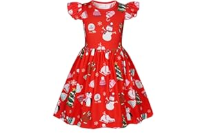 WonderBabe Christmas Dresses for Girls Toddler Xmas Tree/Santa Hat Print Dress Flutter Sleeve A-Line Casual Sundress
