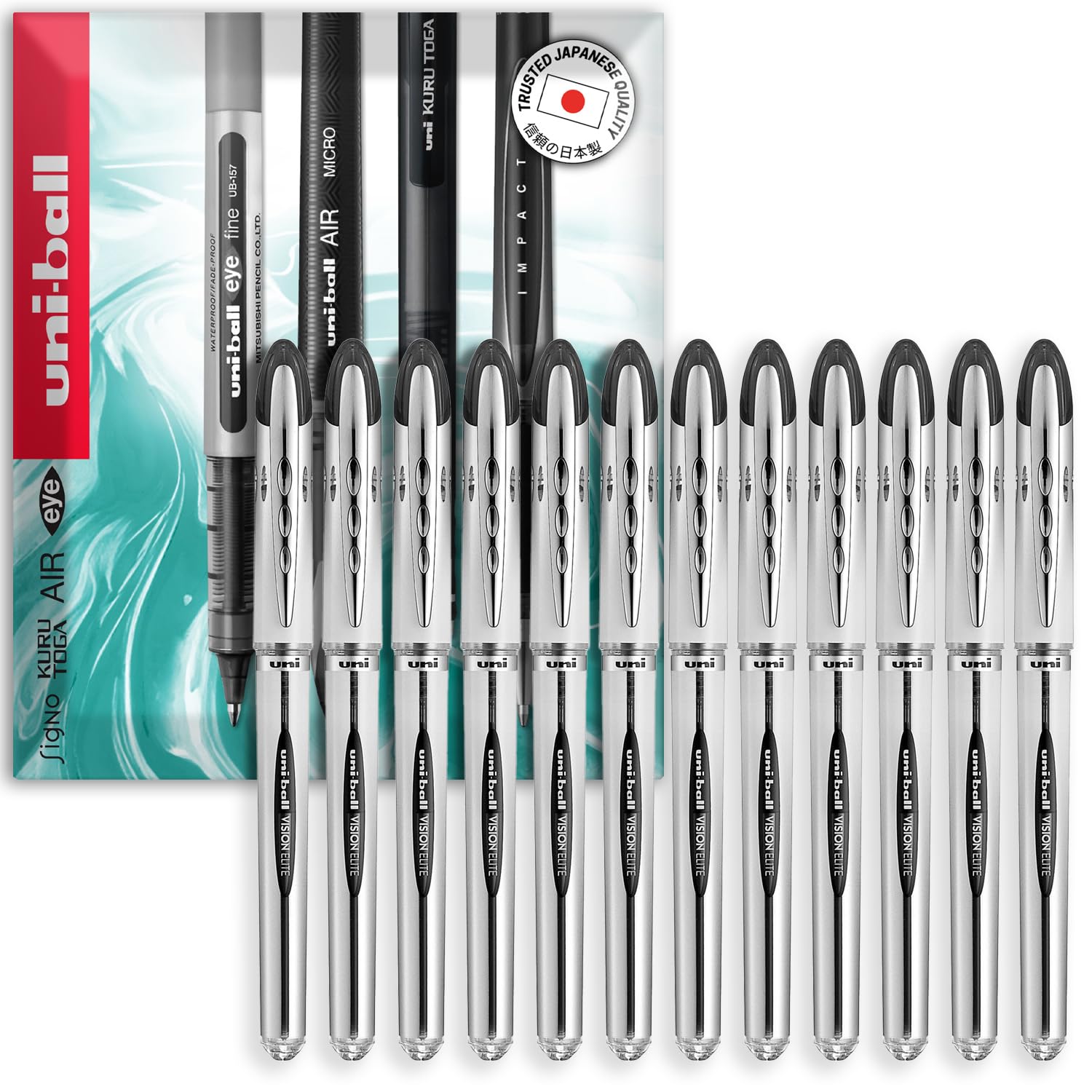 uni-ball Vision Elite - 0.8mm Nib Medium Rollerball Pen - UB-200 - In Envelope Gift Packaging (Pack of 12, Black)